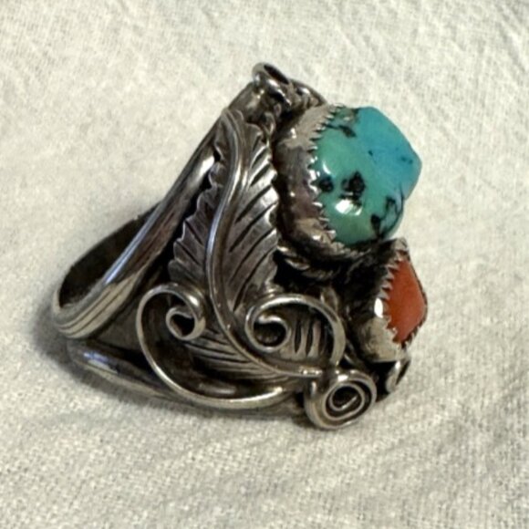 Southwest Sterling Silver Turquoise and Coral Ring 10 3/4 - Picture 3 of 6